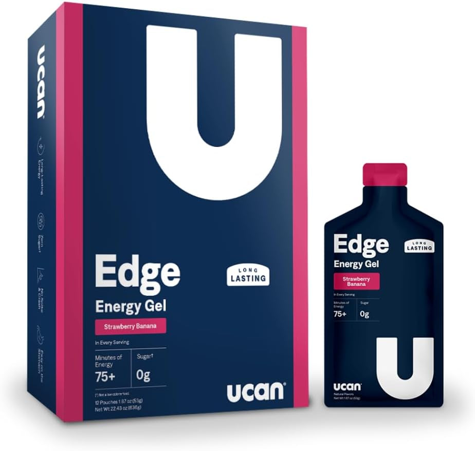 Proline Sports Nutrition Edge Energy Gel Shots in Strawberry Banana flavor, 12 packets, showing the gel packets for running and workouts.