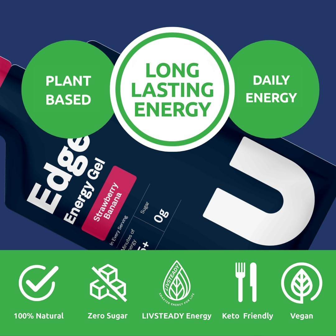 ProLine Sports Nutrition Edge Energy Gel Shots in strawberry banana flavor, 12-pack, for running, training, and workouts.