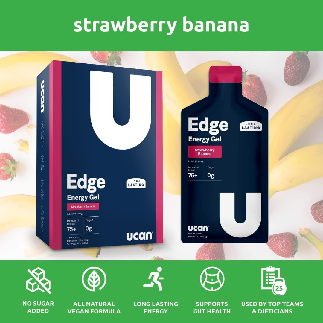 Proline Sports Nutrition Edge Energy Gel Shots in Strawberry Banana flavor, 12-pack, for running, cycling, and workouts.