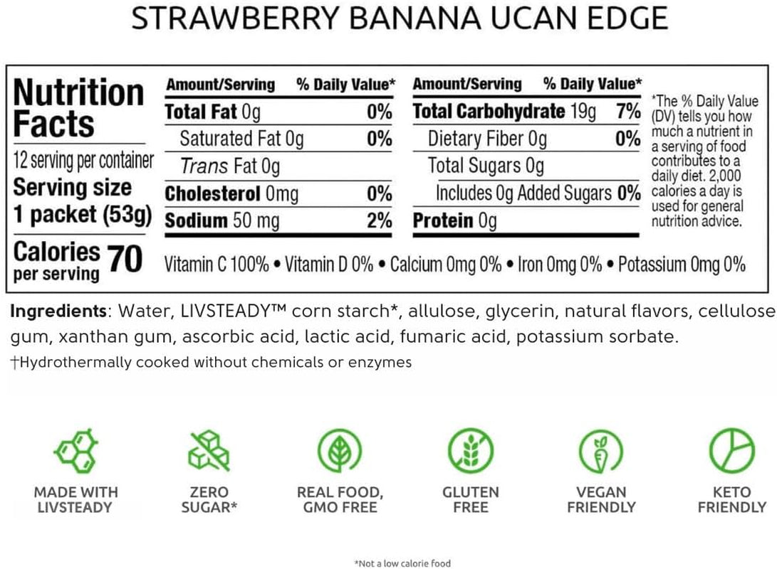 Proline Sports Nutrition Edge Energy Gel Shots in Strawberry Banana flavor, 12-pack, with packets displayed for running and fitness use.