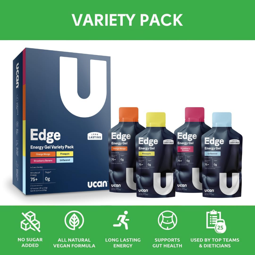Proline Sports Nutrition Edge Energy Gel Shots Variety Pack with 12 sugar-free, vegan, keto-friendly 2-ounce packets for running and fitness.