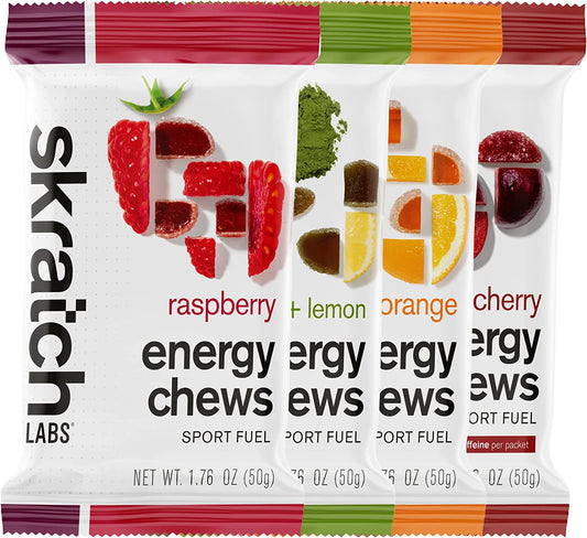 Proline Sports Nutrition energy chews and gummies variety pack in colorful packaging, gluten-free and vegan, for running and sports.
