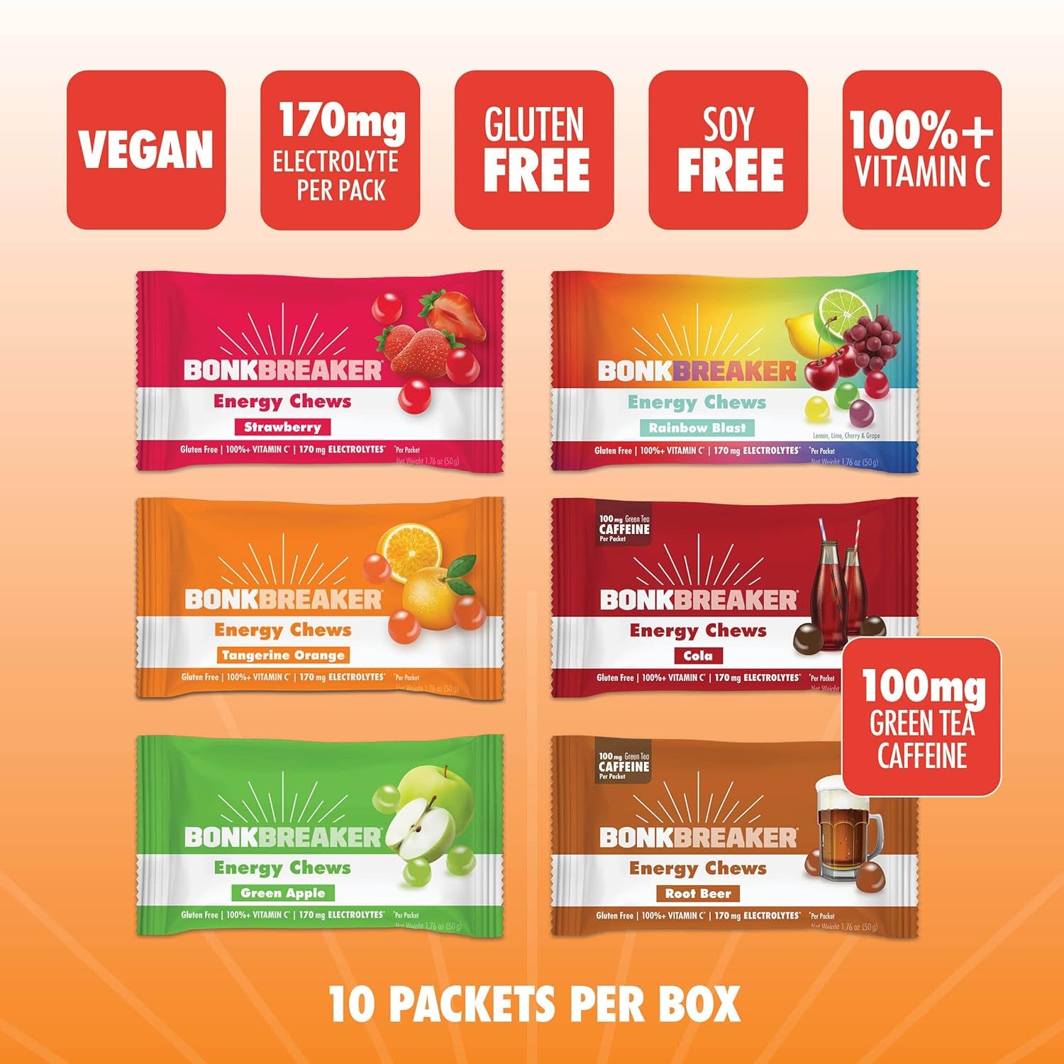 Proline Sports Nutrition energy chews gluten-free and dairy-free, variety pack with 10 flavor packets for quick energy and focus.