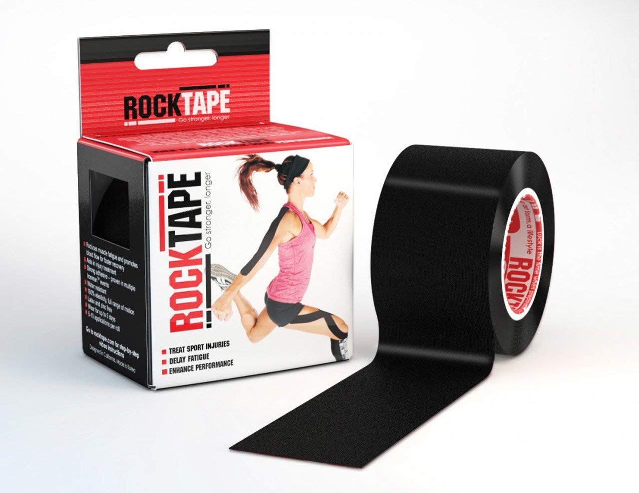 Black RockTape Original 2-Inch Water-Resistant Kinesiology Tape laid flat, showing its flexible, water-resistant fabric for muscle support.
