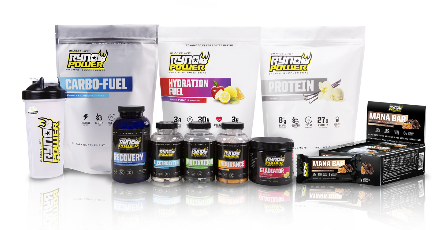 Ryno Power Gladiator Pre-Workout Drink Mix in a container with scoop, ready for mixing, designed to boost energy during workouts.