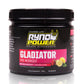 Ryno Power Gladiator Pre-Workout Drink Mix in a container with scoop and powder visible, designed to boost energy and performance.