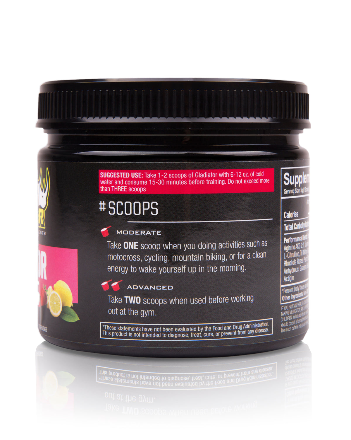 Ryno Power Gladiator pre-workout drink mix in a container with scoop, designed to boost energy and endurance for athletes.