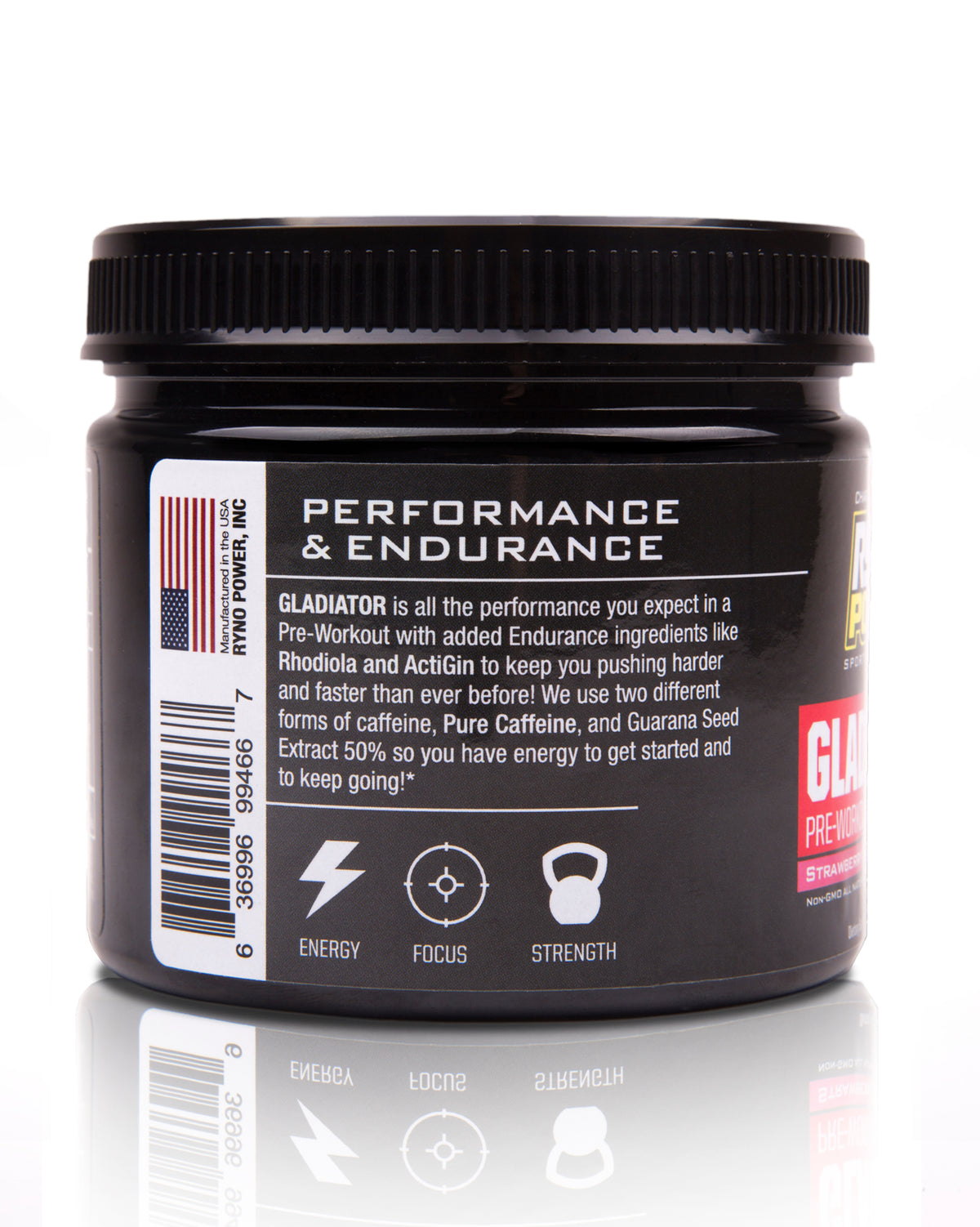 Ryno Power Gladiator Pre-Workout Drink Mix in a white tub with a colorful label, designed for energy and endurance.