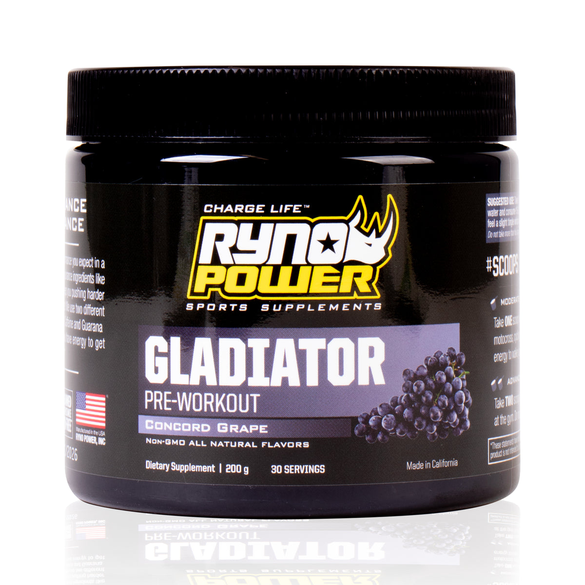 Ryno Power Gladiator Pre-Workout Drink Mix in a tub, with scoops and flavor label visible, designed to boost energy and performance.