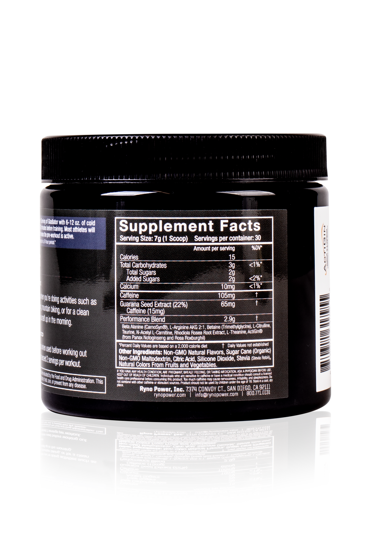 Ryno Power GLADIATOR Pre-Workout Drink Mix in grape flavor with a reflective back view of the packaging.