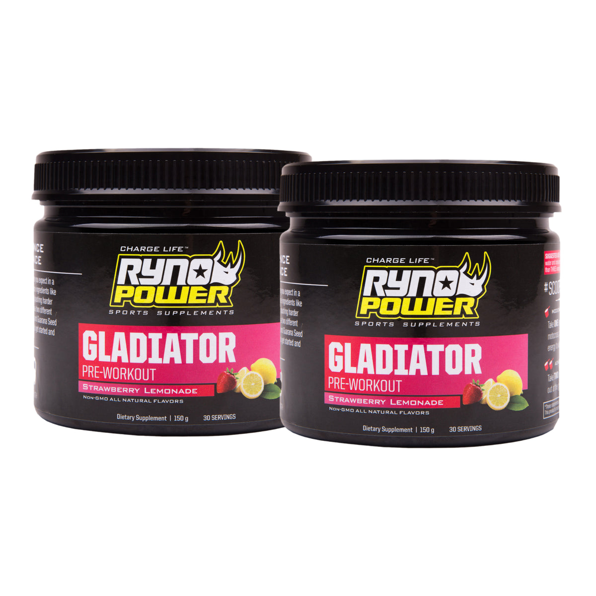 Ryno Power Gladiator Pre-Workout Drink Mix in a container with scoop and powder, ready for mixing before exercise.