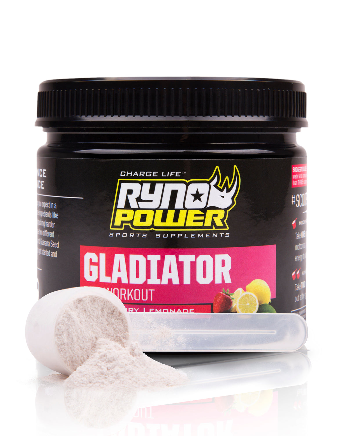 Ryno Power Gladiator Pre-Workout Drink Mix container with label, ready for fitness and energy boosting.