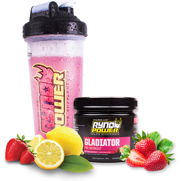 Ryno Power Gladiator pre-workout drink mix in a colorful container, designed to boost energy and performance during workouts.
