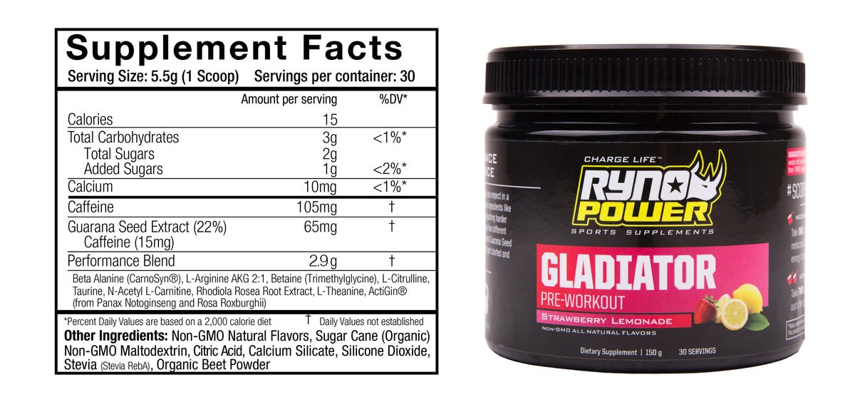 Ryno Power Gladiator Pre-Workout Drink Mix in a container with scoop, ready to mix for energy and performance enhancement.