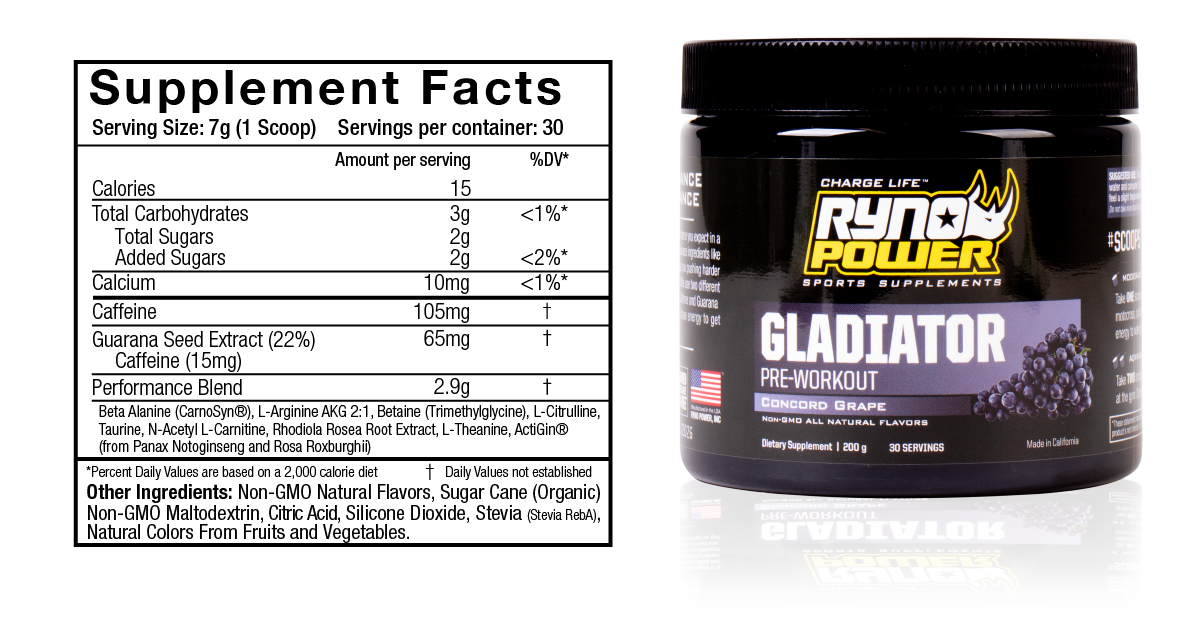Ryno Power GLADIATOR pre-workout drink mix grape flavor with detailed supplement facts displayed on packaging.