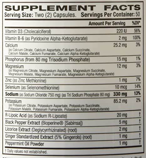 Ryno Power Electrolytes 100 capsules bottle, supplement for hydration and mineral balance, compared to Carbo Pro Thermolyte Metasalt