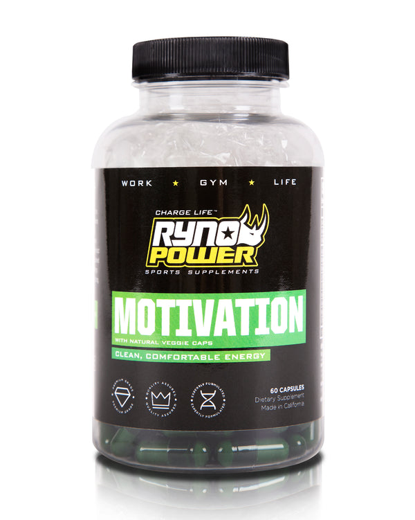 Ryno Power Motivation 60 Capsules bottle with a reflective front label showcasing the product and brand design.
