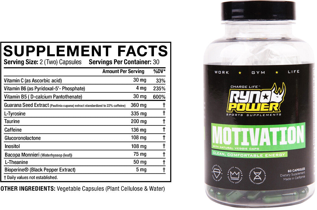 Ryno Power Motivation 60 capsules bottle showing the supplement container with label and capsules inside.