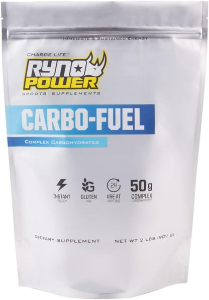Ryno Power Carbo-Fuel energy drink powder in a bag, featuring all-natural vegan and gluten-free carbohydrate blend.