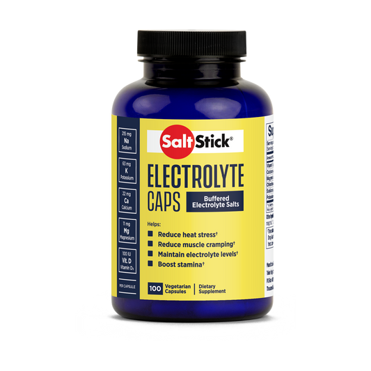 SaltStick Electrolyte Capsules in a clear bottle, featuring 100 count for electrolyte replacement support.