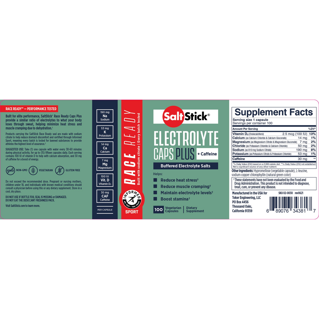 SaltStick Race Ready Capsules Plus 100 with premium sodium citrate, dietary supplement capsules for electrolyte replacement.