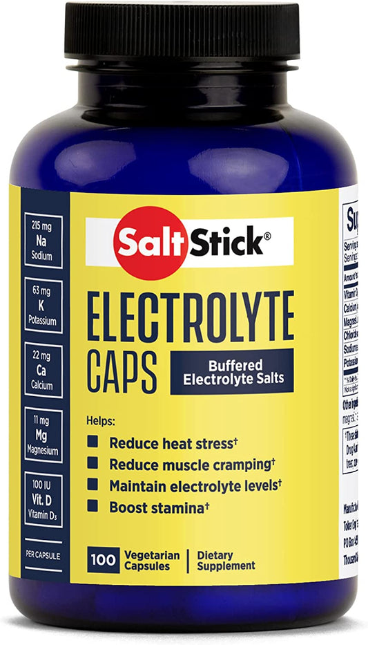SaltStick Caps electrolyte replacement capsules in a 100 count bottle, showcasing the label and capsules inside.