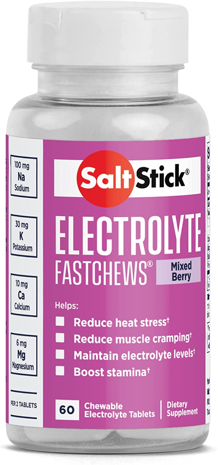 SaltStick FastChews electrolyte replacement tablets in a bottle, mixed berry flavor, for rehydration, exercise, hiking, and sports recovery.