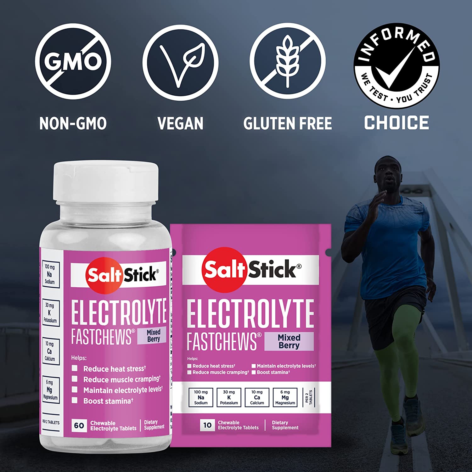 SaltStick FastChews electrolyte replacement tablets in mixed berry flavor, 60-count bottle for rehydration and sports recovery.