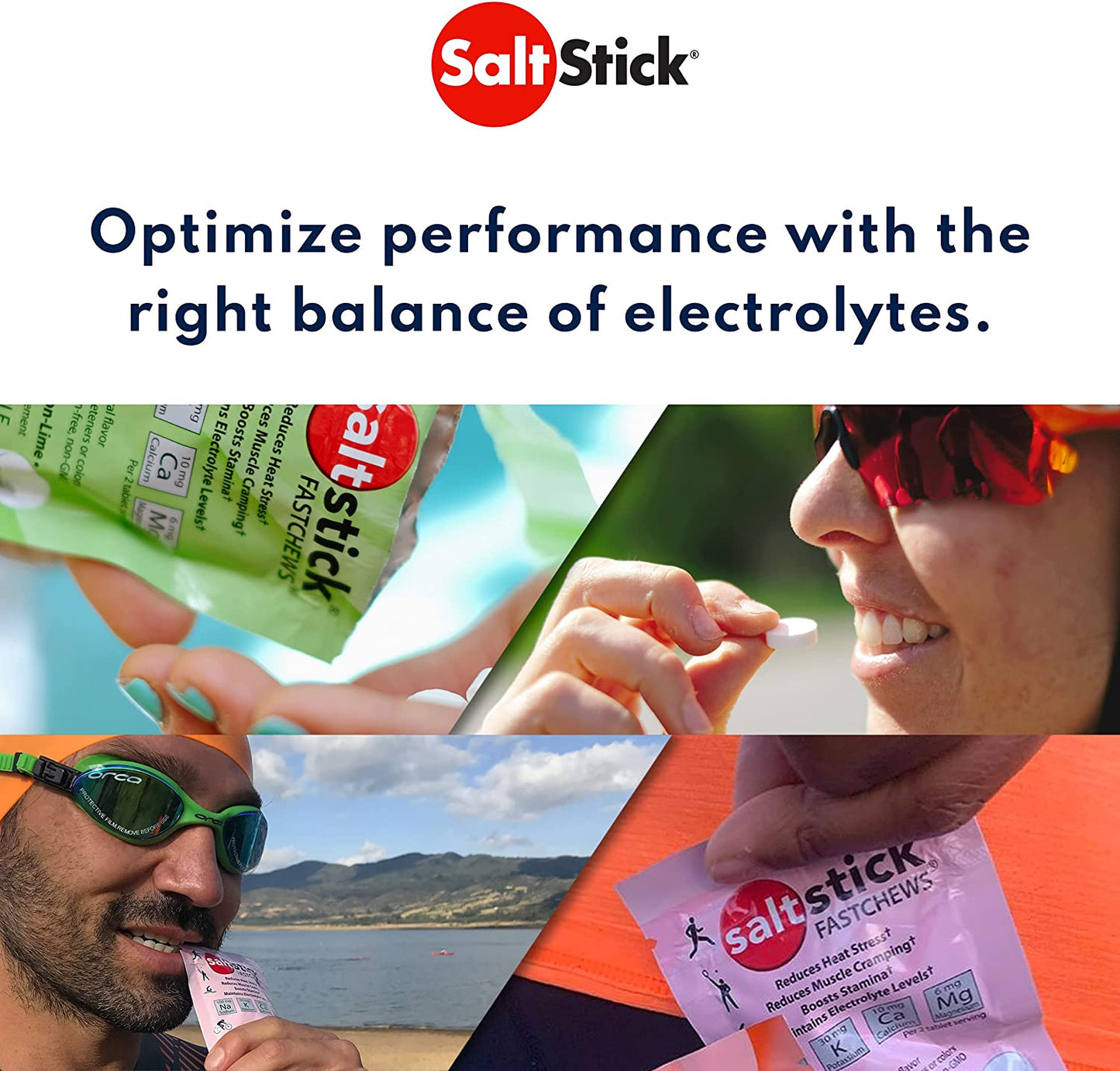 SaltStick FastChews electrolyte replacement tablets in a bottle, mixed berry flavor, for rehydration and sports recovery.
