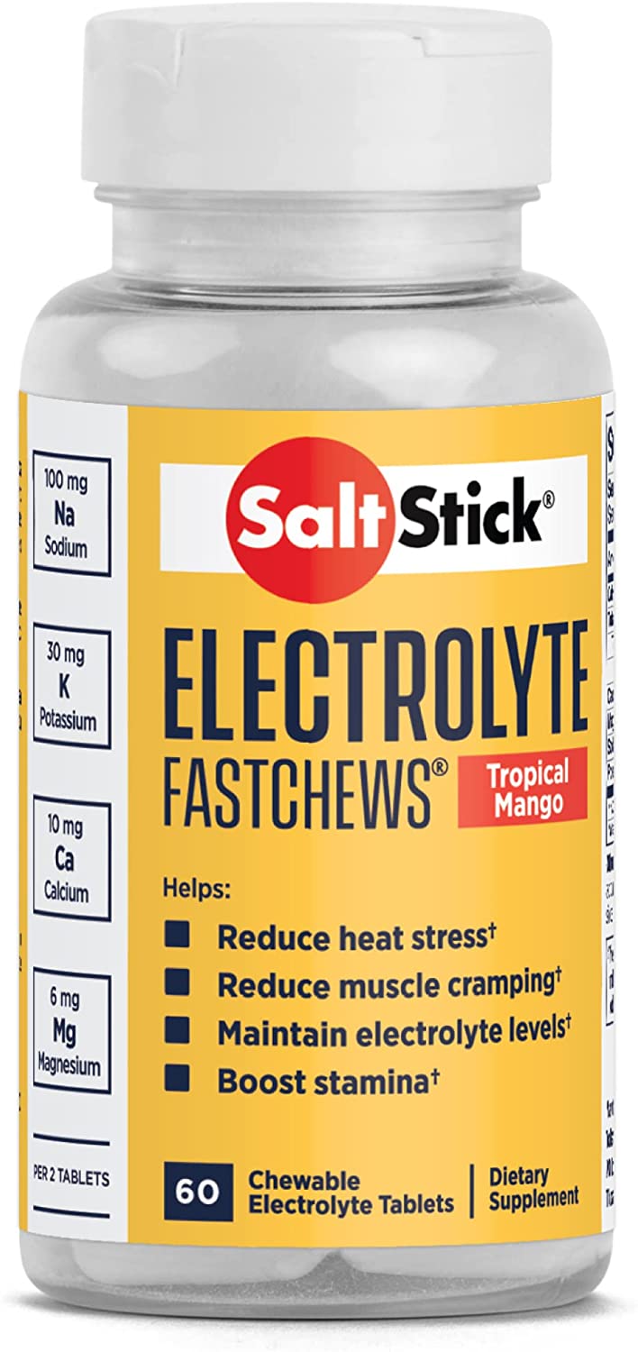 SaltStick FastChews electrolyte replacement tablets in Tropical Mango flavor, 60-count bottle for rehydration and sports recovery.