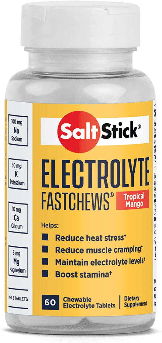 SaltStick FastChews electrolyte replacement tablets in Tropical Mango flavor, 60-count bottle for rehydration and sports recovery.