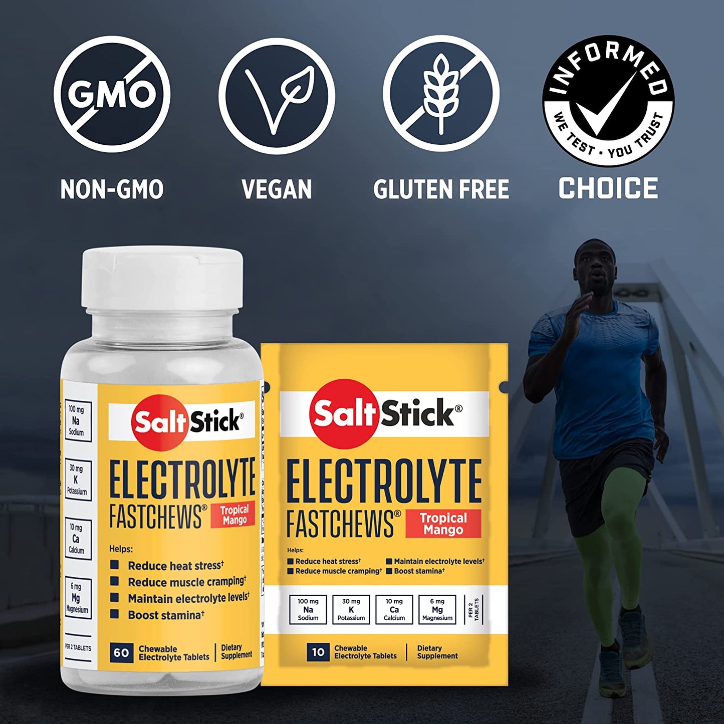 SaltStick FastChews electrolyte replacement tablets in tropical mango flavor, 60-count bottle for rehydration and sports recovery.