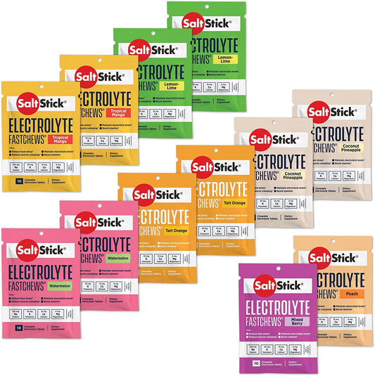 SaltStick FastChews electrolyte tablets for quick rehydration, muscle cramp relief, and sports recovery, shown in a variety pack of 12 packets.