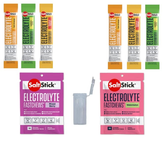 SaltStick electrolyte replacement powder drink mix variety pack with Fastchews and Race Tube in lemon lime, orange, mango, berry, and watermelon.