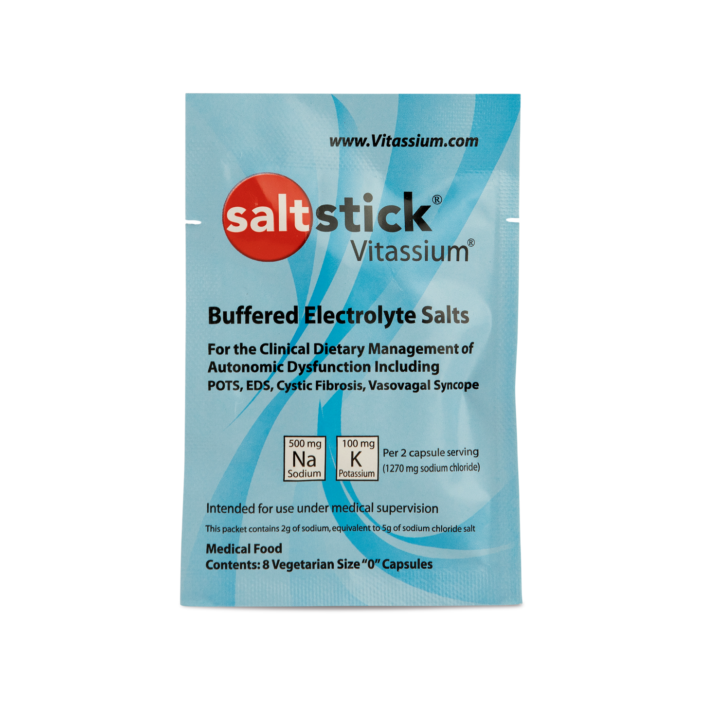 SaltStick Vitassium electrolyte replacement capsules in an 8-pack, totaling 120 capsules for hydration and electrolyte balance.