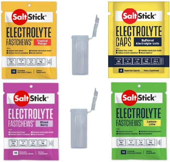 SaltStick electrolyte replacement capsules in Lemon Lime Mango and Mixed Berry flavors, packed in race-ready tubes.