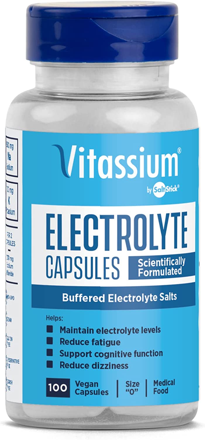 SaltStick Vitassium electrolyte replacement capsules in a 100-count bottle on a white background.