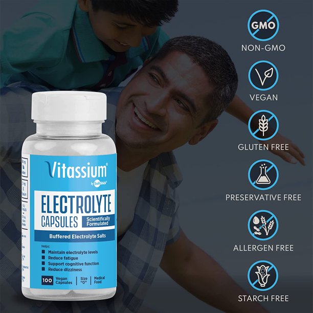 Vitassium by SaltStick 100ct capsules in a bottle, designed for electrolyte replacement during physical activities.