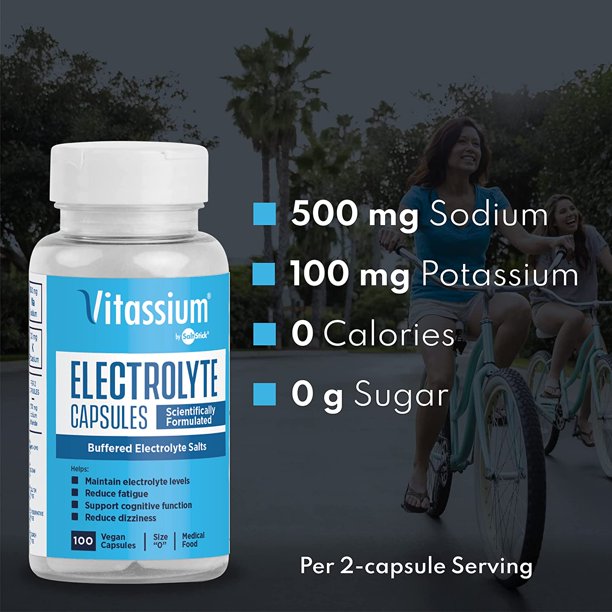 Vitassium by SaltStick 100ct capsules for electrolyte replacement, featuring a clear bottle and labeled capsule design.
