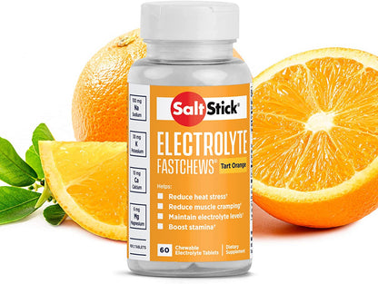 SaltStick FastChews electrolyte replacement tablets in orange, 60 chewable, vegan, gluten-free sports recovery and cramp relief.