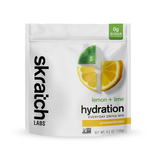 Skratch Labs Hydration Everyday Drink Mix in lemon-lime flavor, packaged in a resealable bag.