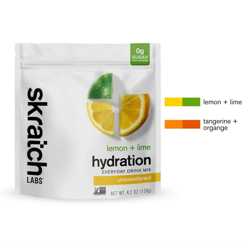 Skratch Labs Hydration Everyday Drink Mix packet with vibrant packaging and detailed ingredient information displayed.