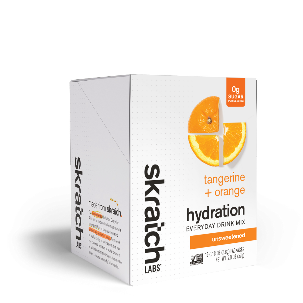 Skratch Labs Hydration Everyday Drink Mix in tangerine-orange box with a refreshing drink mix packet visible.