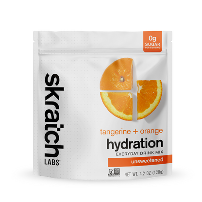 Skratch Labs Hydration Everyday Drink Mix in tangerine orange packaging, highlighting a healthy hydration solution.