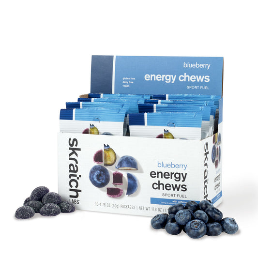 Blueberry SkratchLabs Premium Sport Energy Chews with 50mg caffeine, shown in a close-up of the chews packaging.