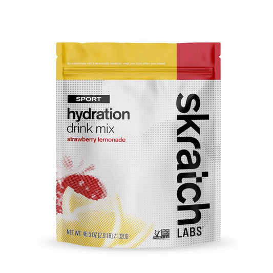 SkratchLabs Premium Sport Hydration Electrolyte Drink Mix in strawberry lemonade flavor, showing the 20-serving package and vibrant label.
