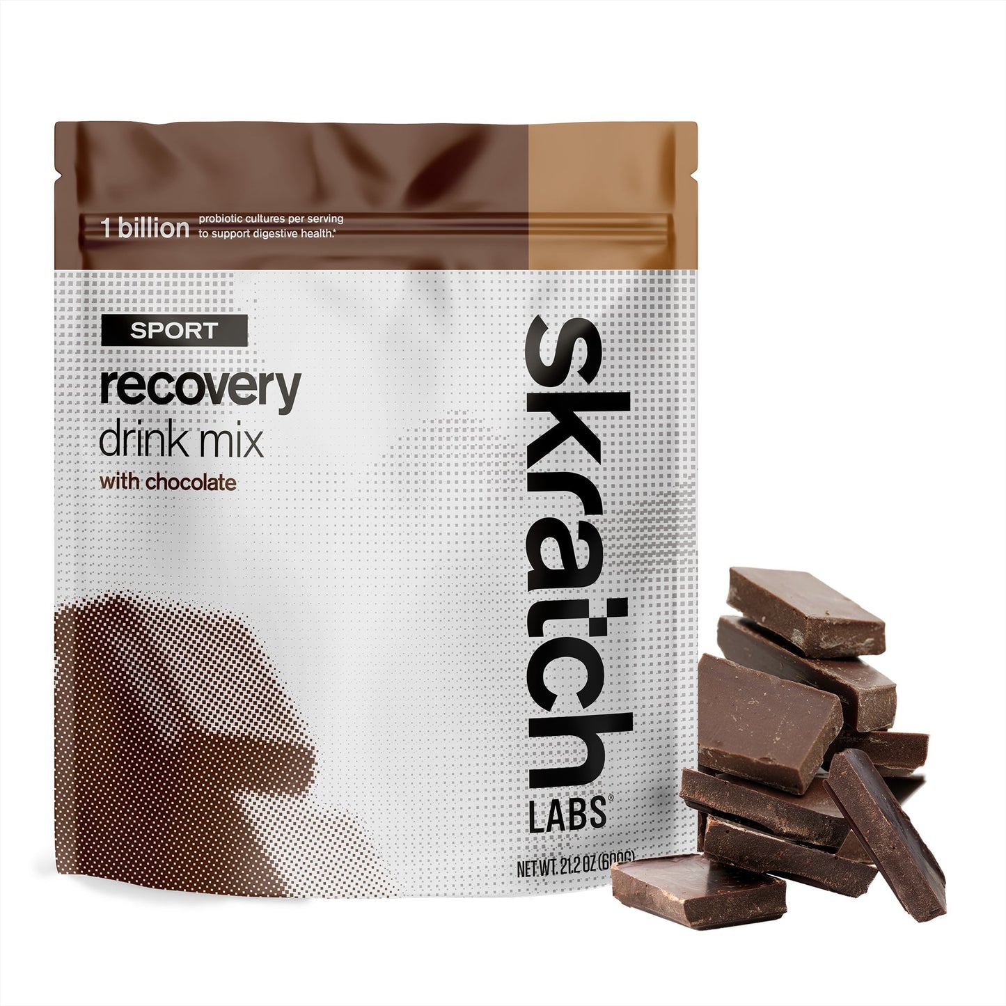 SkratchLabs Premium Sport Recovery Drink Mix in chocolate flavor, 20-serving packet, designed for muscle recovery after workouts.