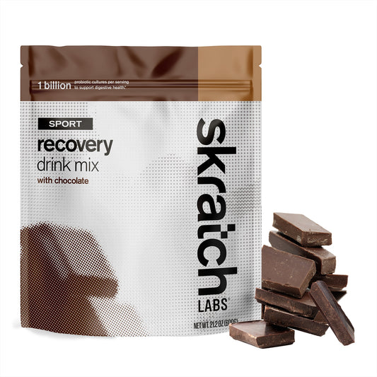 SkratchLabs Premium Sport Recovery Drink Mix in chocolate flavor, 20-serving packet, designed for muscle recovery after workouts.