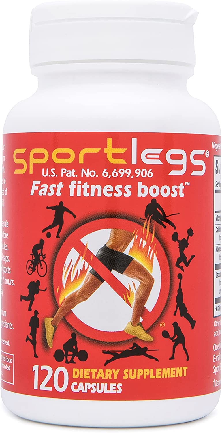 SportLegs endurance supplement, 120 capsules, designed to reduce muscle burn during workouts, in a clear bottle on a white background.