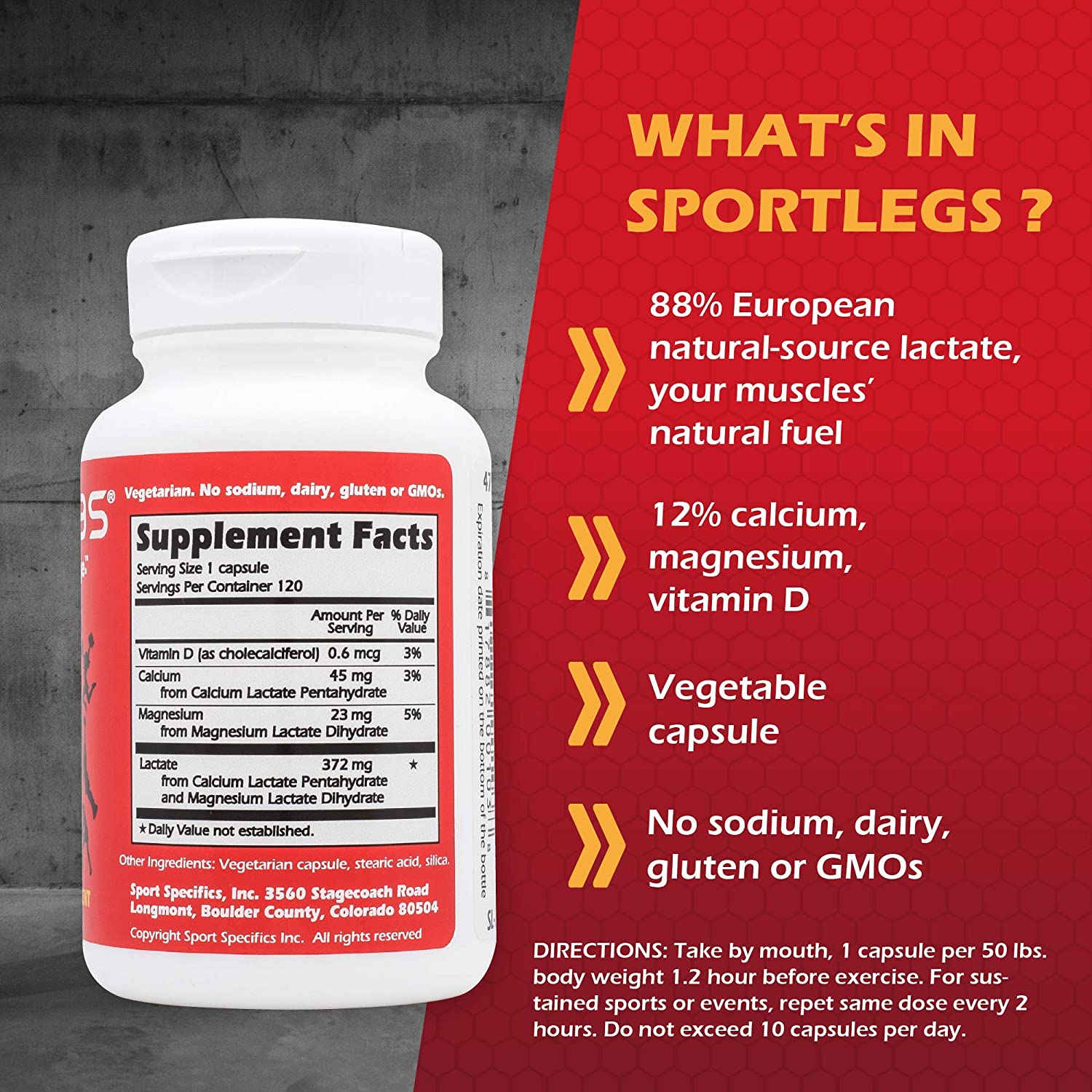 SportLegs endurance supplement bottle with 120 capsules for reducing muscle burn during sports activities.